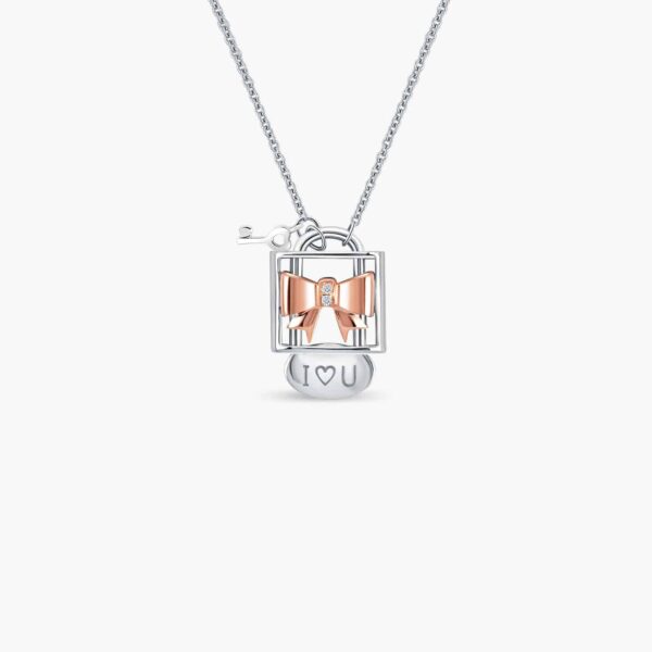 LVC Charmes Cheri Ribbon locket pendant & Necklace in 14K White Gold/Rose Gold with 2 Diamonds 0.01 carat