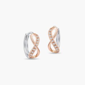 LVC Destiny Infinity Diamond Huggie Hoop Earrings in 18K White Gold and Rose Gold with 18 Diamonds