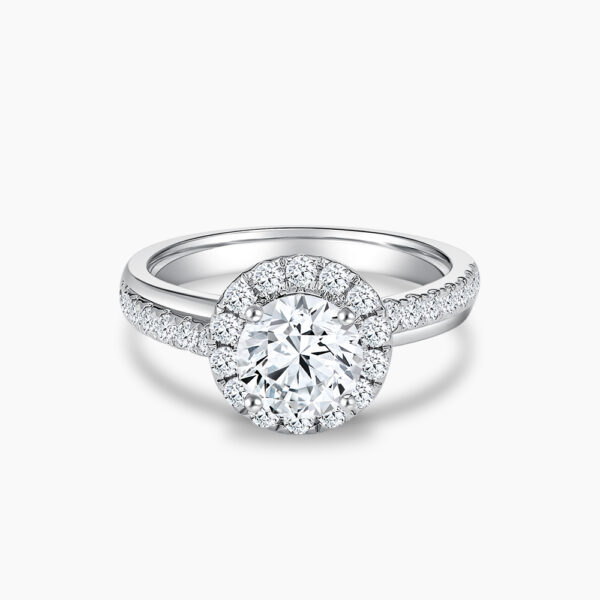 The Classic Halo diamond engagement ring in 18K white gold with Double Pavé Band