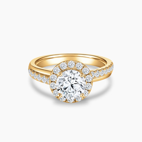 The Classic Halo diamond engagement ring in 18K yellow gold with Double Pavé Band
