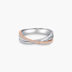 LVC 戒指 Desirio Cross Wedding Band in White Gold with Brilliant Diamonds on a Rose Gold Band